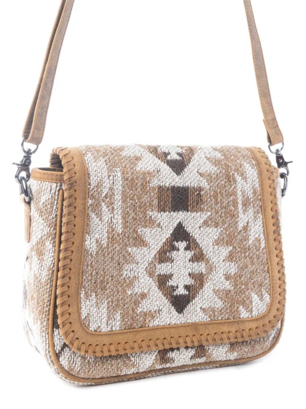 Woven and Leather Aztec Crossbody Bag in Tan and Cream